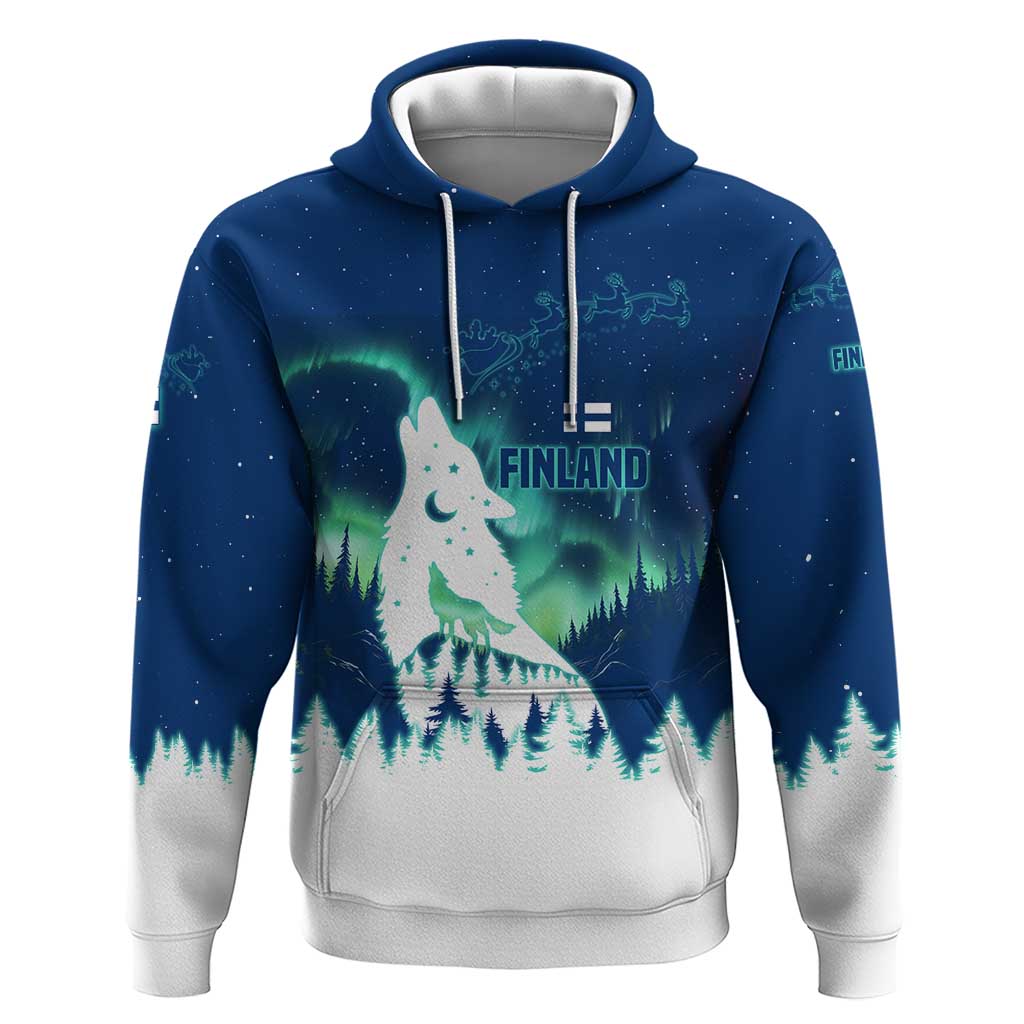 Finland Christmas Hoodie with Howling Wolf Northern Lights Forest and Snow Design TS04