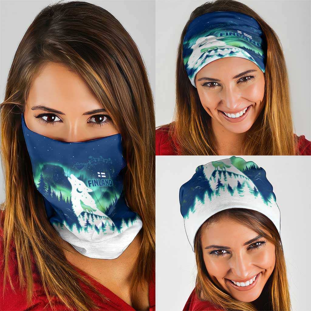 Finland Christmas Neck Gaiter with Howling Wolf Northern Lights Forest and Snow Design TS04
