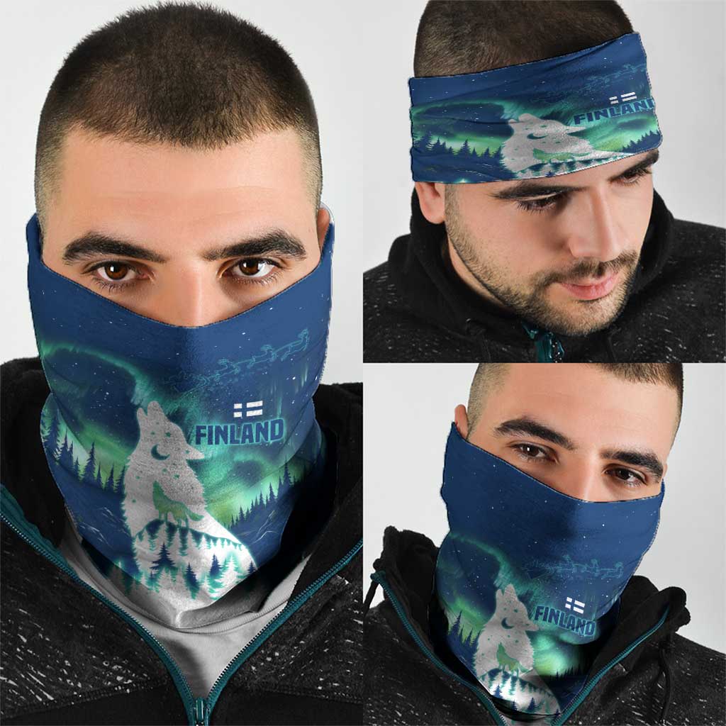 Finland Christmas Neck Gaiter with Howling Wolf Northern Lights Forest and Snow Design TS04