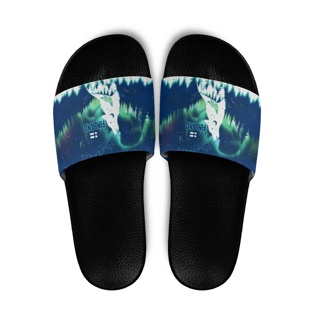 Finland Christmas Slide Sandals with Howling Wolf Northern Lights Forest and Snow Design TS04