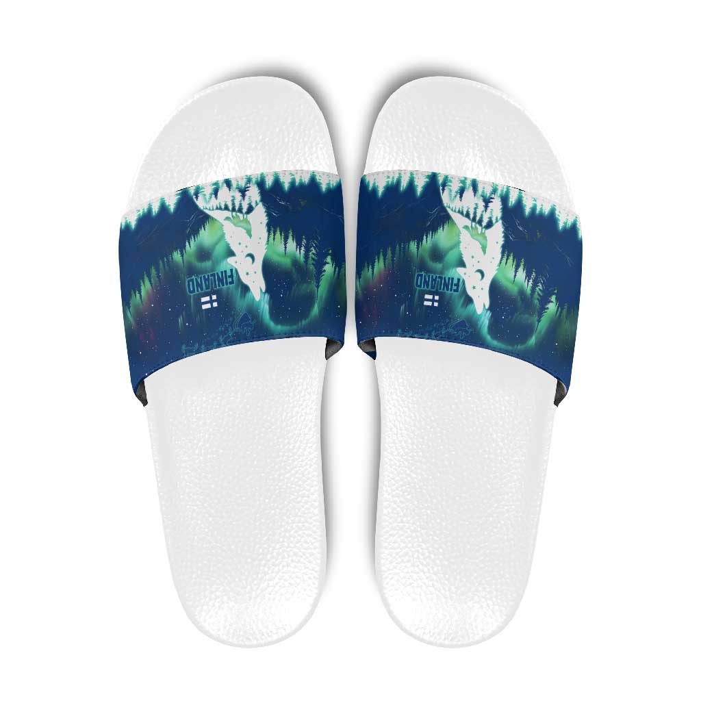 Finland Christmas Slide Sandals with Howling Wolf Northern Lights Forest and Snow Design TS04