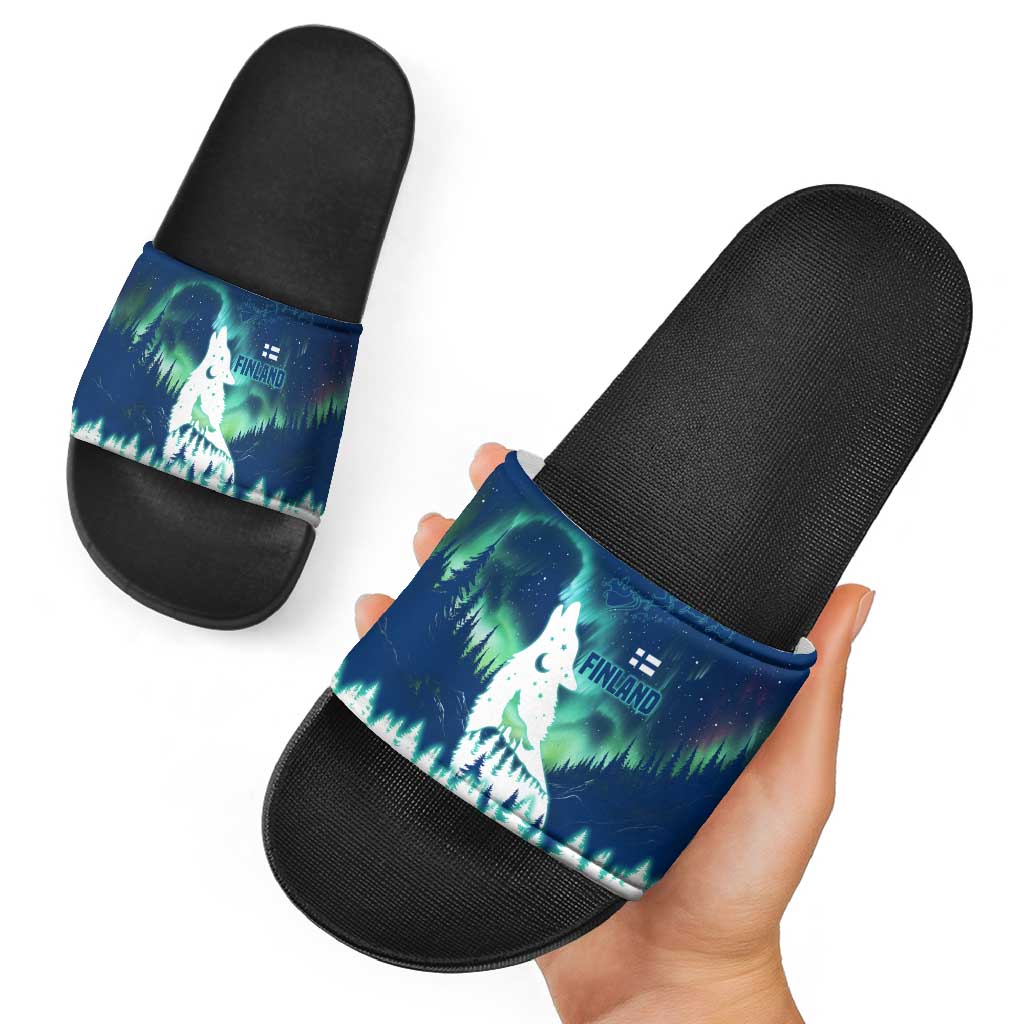 Finland Christmas Slide Sandals with Howling Wolf Northern Lights Forest and Snow Design TS04