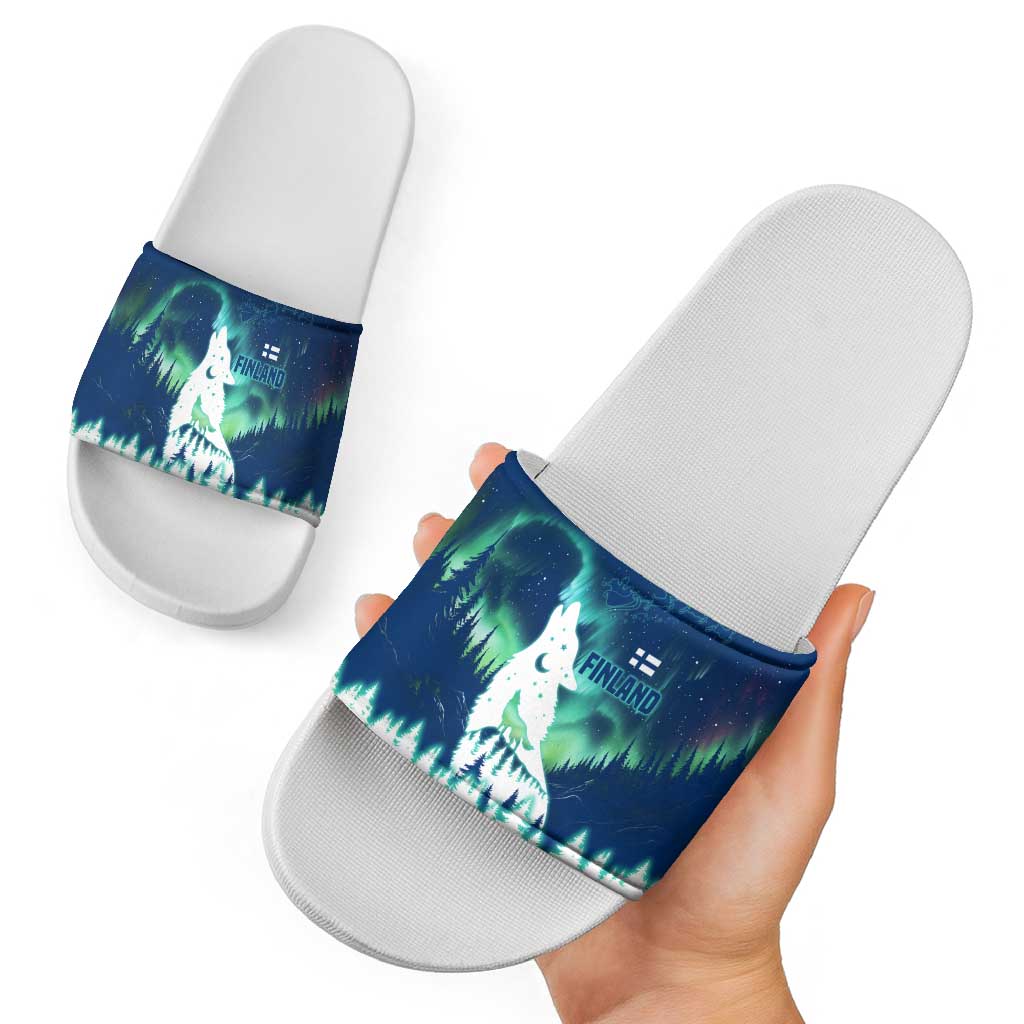 Finland Christmas Slide Sandals with Howling Wolf Northern Lights Forest and Snow Design TS04