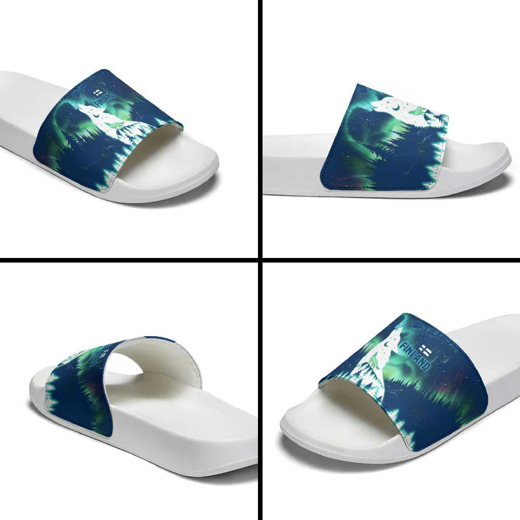 Finland Christmas Slide Sandals with Howling Wolf Northern Lights Forest and Snow Design TS04