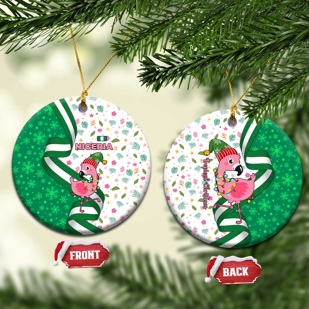 Nigeria Christmas Ceramic Ornament with Pink Flamingo Tropical Leaves and Festive Lights Design TS04