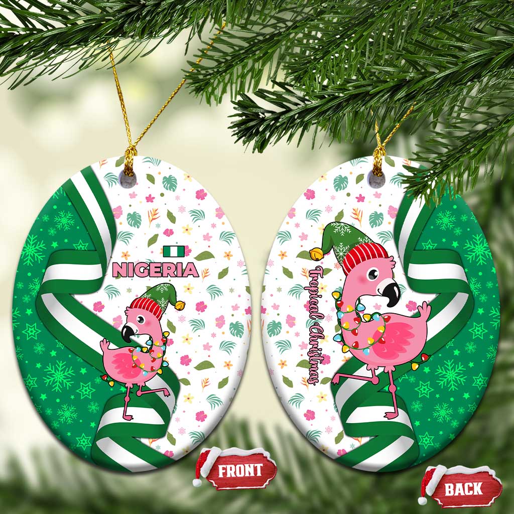 Nigeria Christmas Ceramic Ornament with Pink Flamingo Tropical Leaves and Festive Lights Design TS04