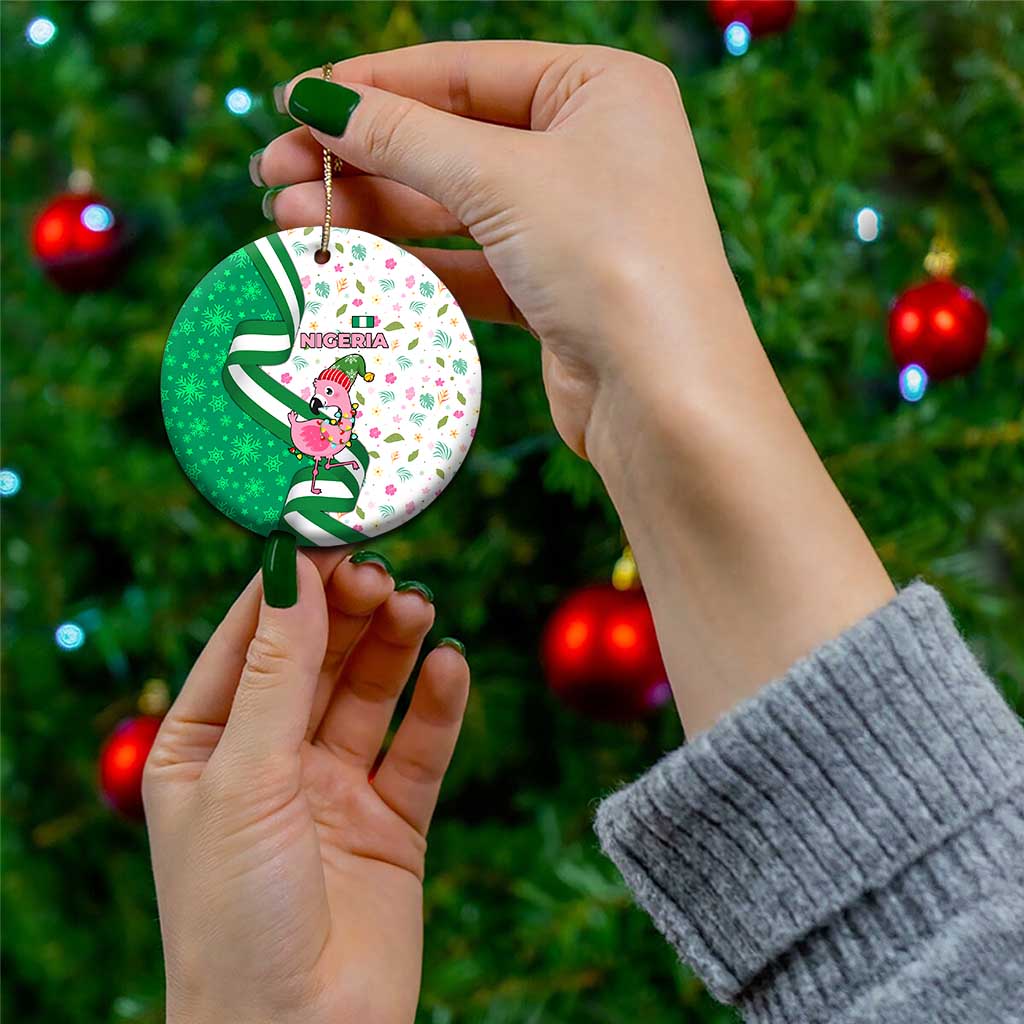 Nigeria Christmas Ceramic Ornament with Pink Flamingo Tropical Leaves and Festive Lights Design TS04
