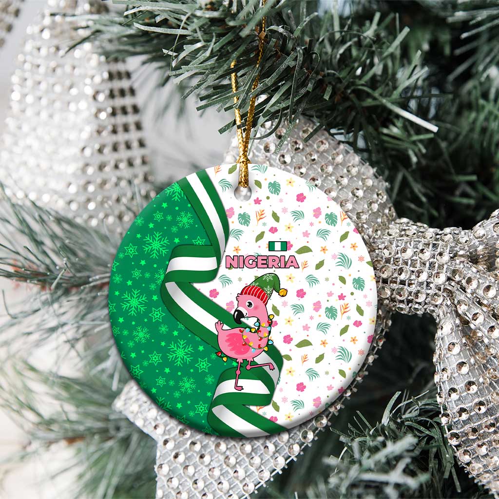 Nigeria Christmas Ceramic Ornament with Pink Flamingo Tropical Leaves and Festive Lights Design TS04