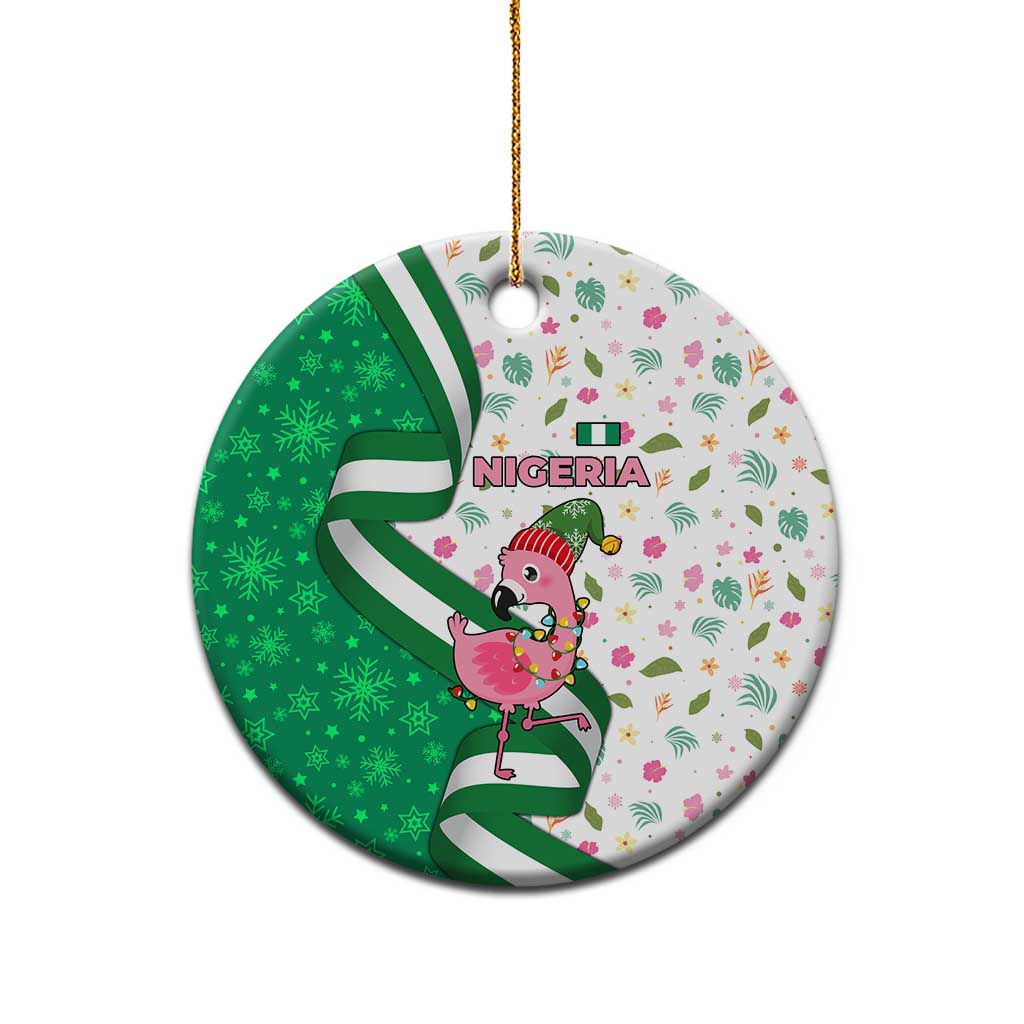 Nigeria Christmas Ceramic Ornament with Pink Flamingo Tropical Leaves and Festive Lights Design TS04