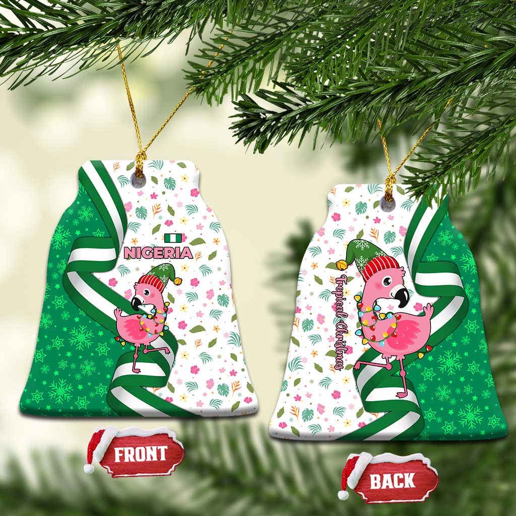 Nigeria Christmas Ceramic Ornament with Pink Flamingo Tropical Leaves and Festive Lights Design TS04