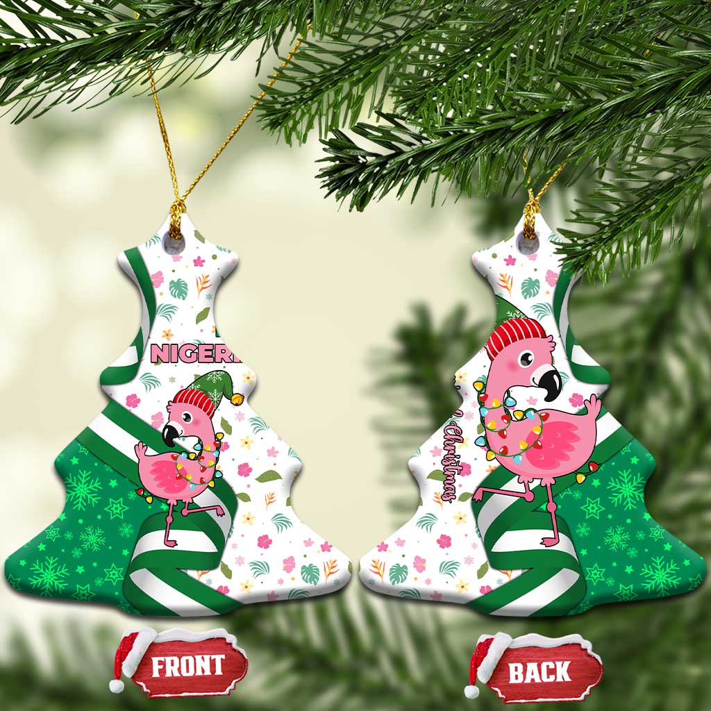 Nigeria Christmas Ceramic Ornament with Pink Flamingo Tropical Leaves and Festive Lights Design TS04