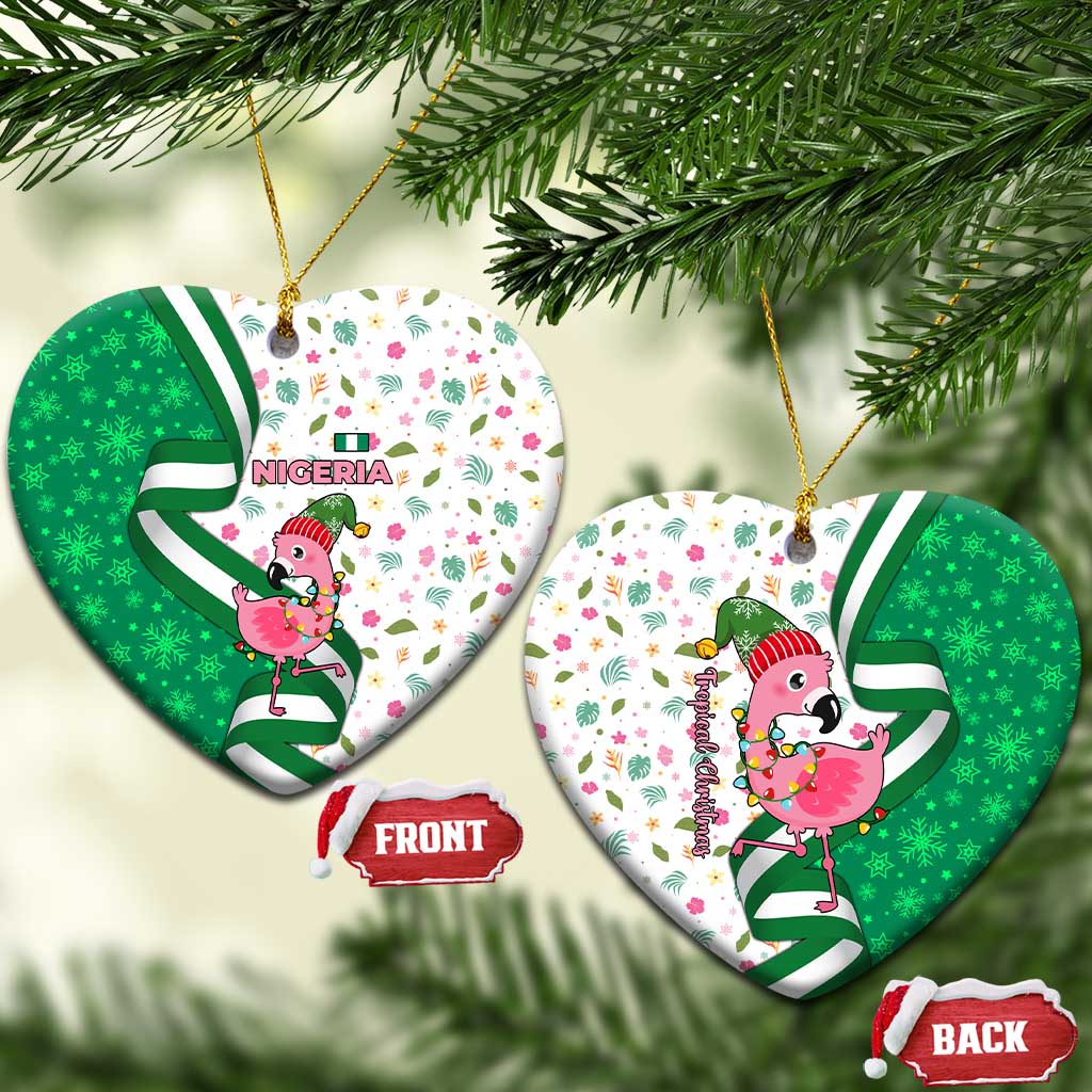 Nigeria Christmas Ceramic Ornament with Pink Flamingo Tropical Leaves and Festive Lights Design TS04