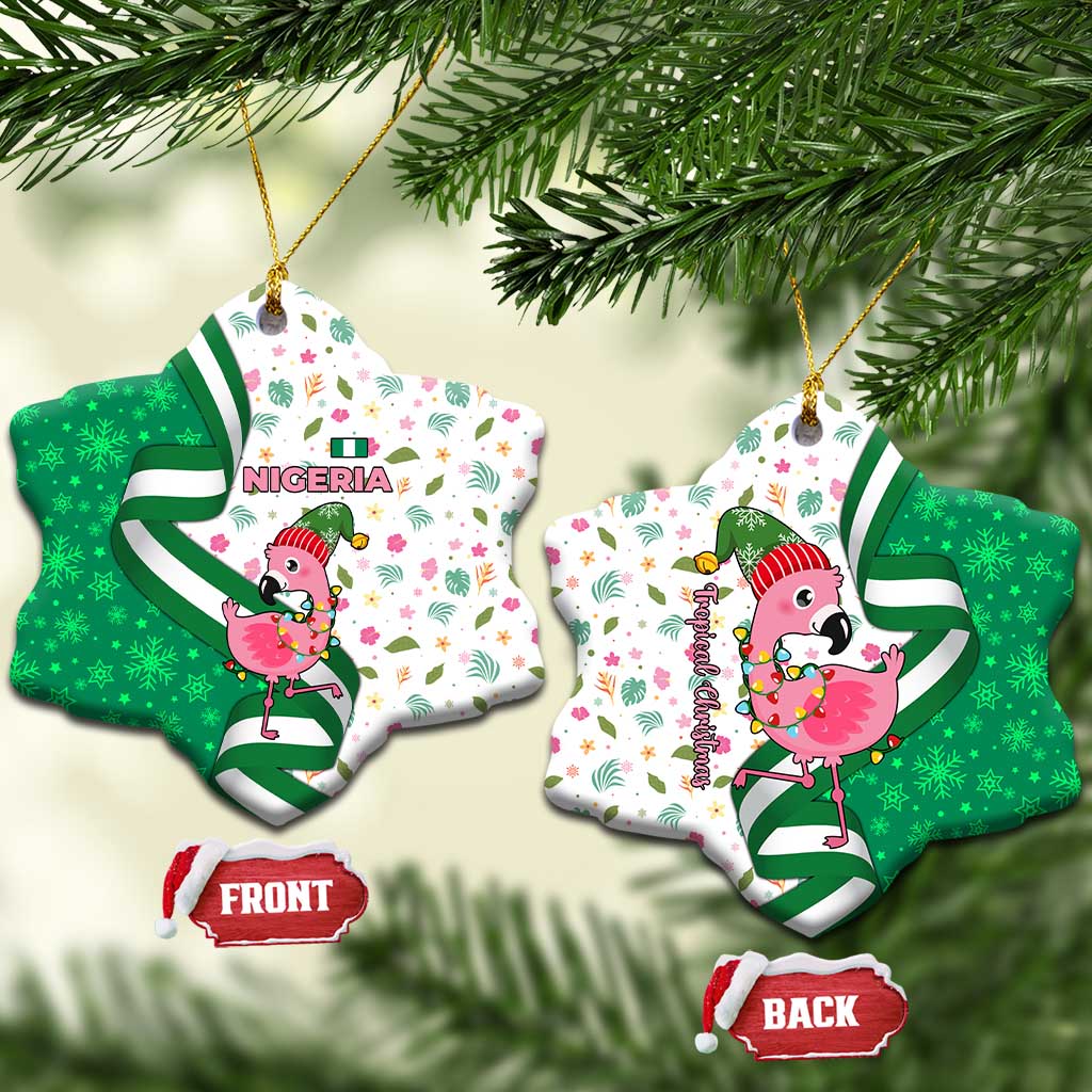 Nigeria Christmas Ceramic Ornament with Pink Flamingo Tropical Leaves and Festive Lights Design TS04