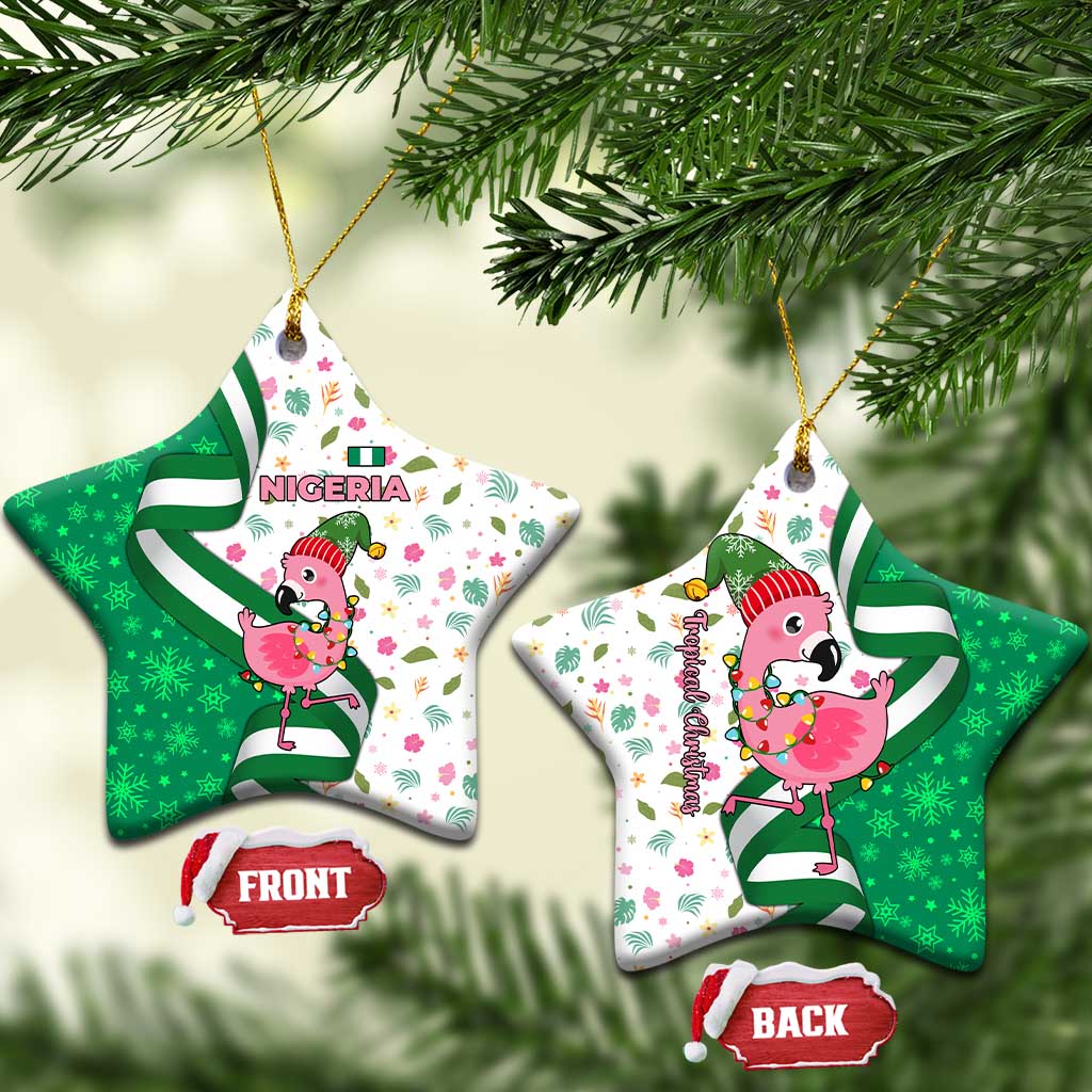 Nigeria Christmas Ceramic Ornament with Pink Flamingo Tropical Leaves and Festive Lights Design TS04