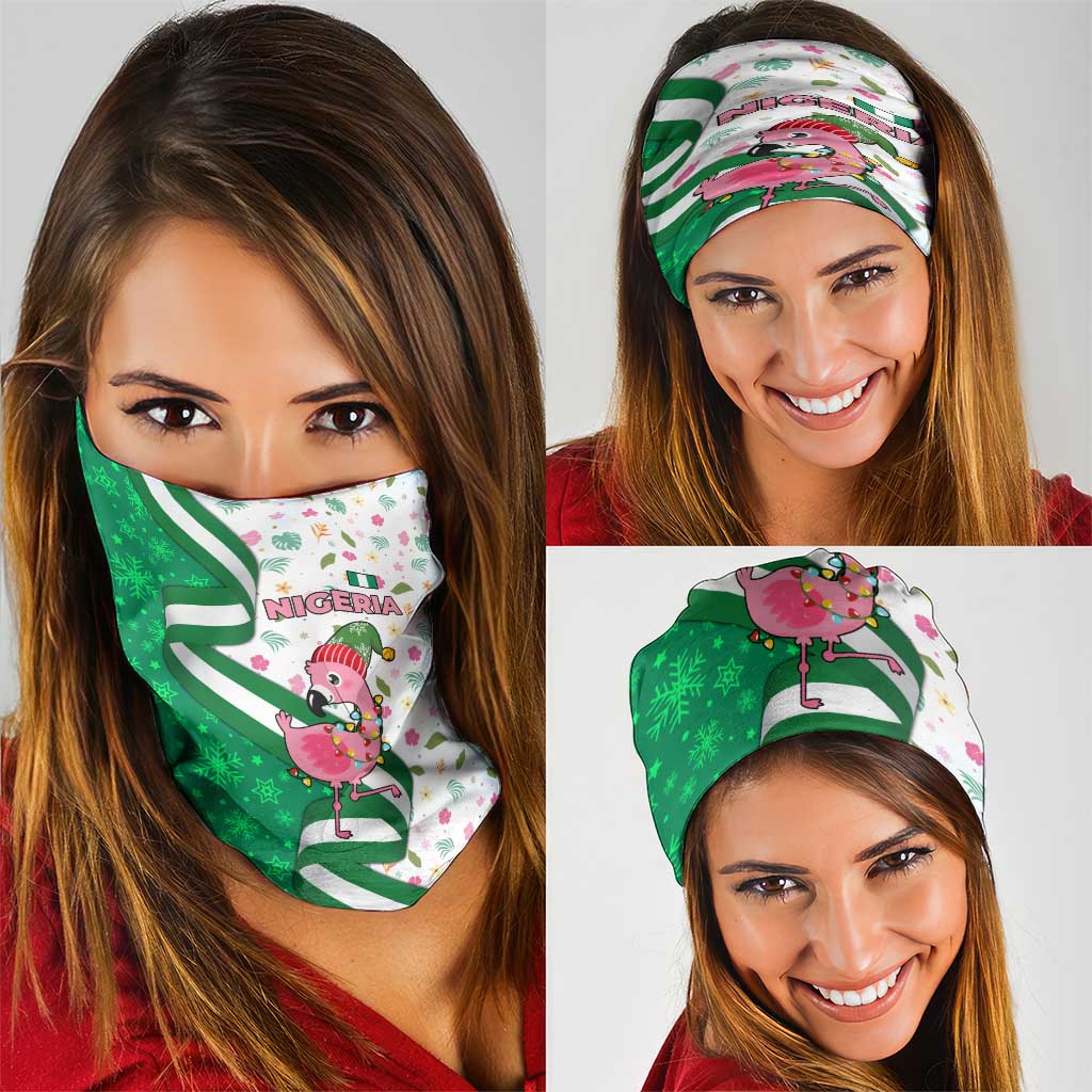 Nigeria Christmas Neck Gaiter with Pink Flamingo Tropical Leaves and Festive Lights Design TS04