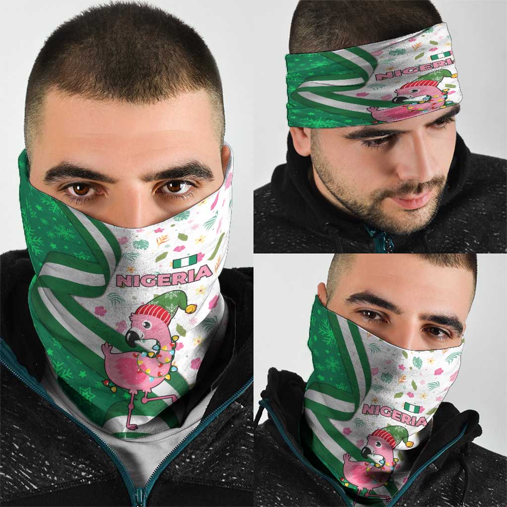 Nigeria Christmas Neck Gaiter with Pink Flamingo Tropical Leaves and Festive Lights Design TS04