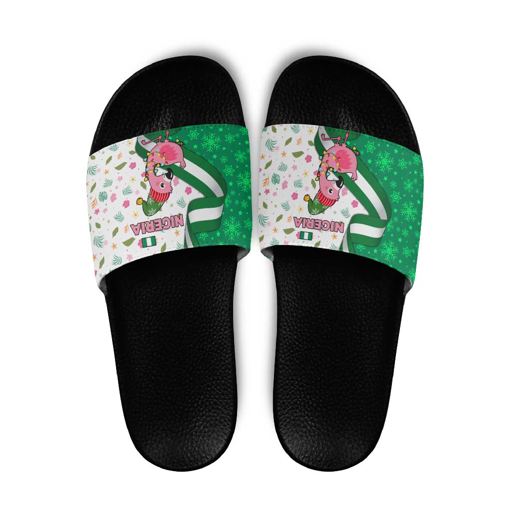 Nigeria Christmas Slide Sandals with Pink Flamingo Tropical Leaves and Festive Lights Design TS04