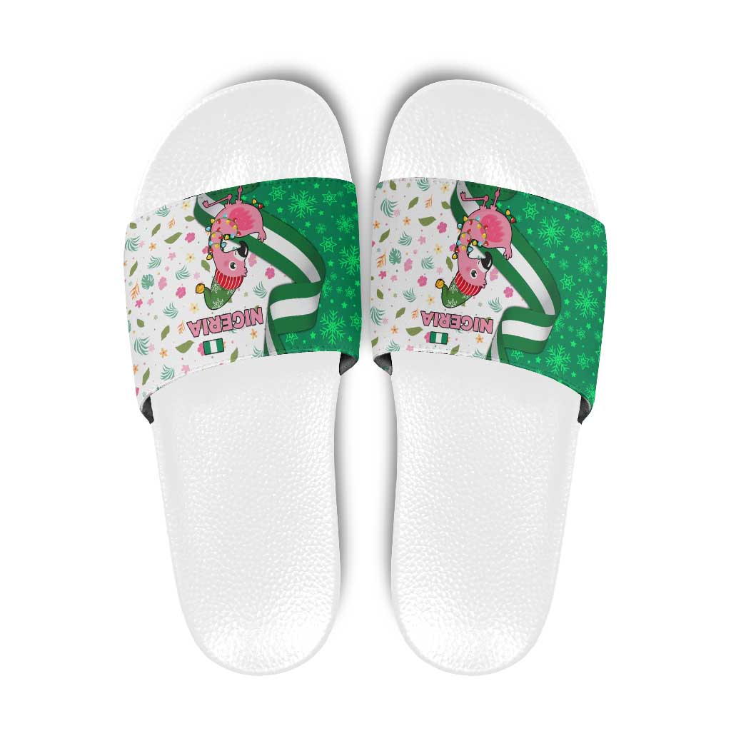 Nigeria Christmas Slide Sandals with Pink Flamingo Tropical Leaves and Festive Lights Design TS04