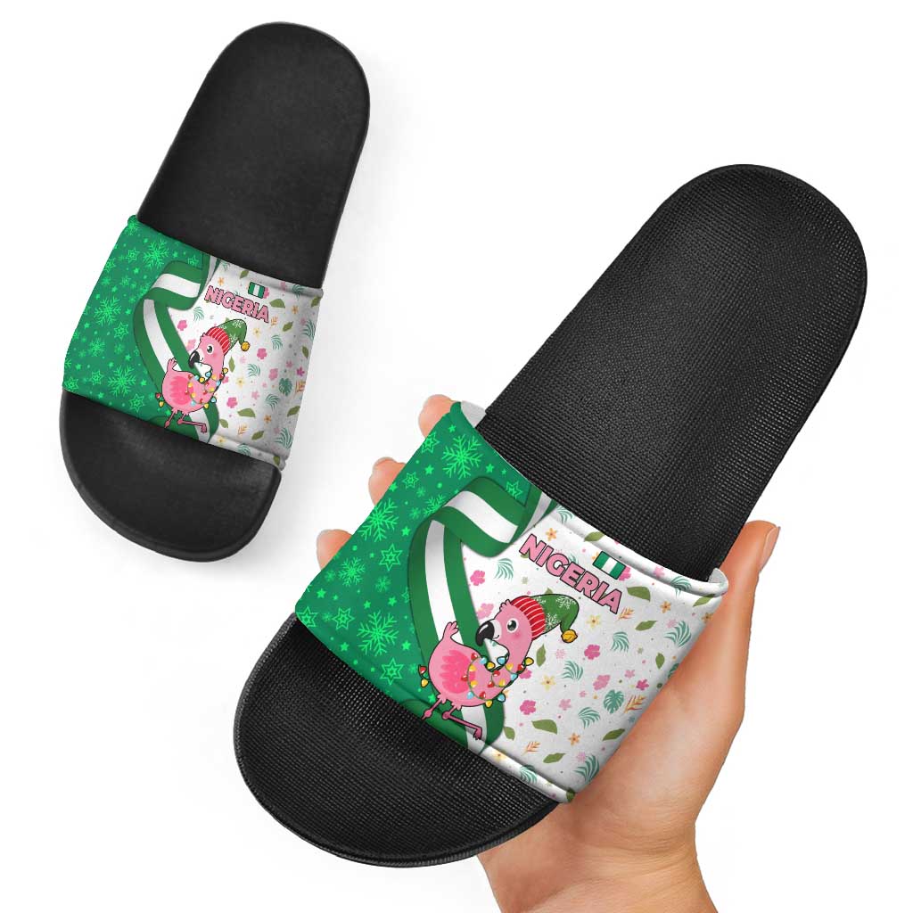 Nigeria Christmas Slide Sandals with Pink Flamingo Tropical Leaves and Festive Lights Design TS04
