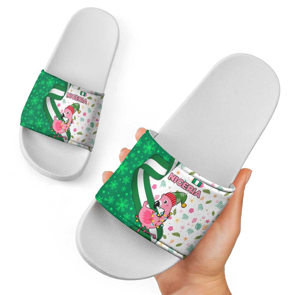 Nigeria Christmas Slide Sandals with Pink Flamingo Tropical Leaves and Festive Lights Design TS04