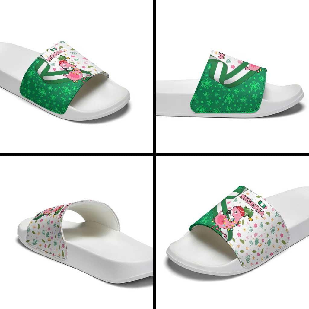 Nigeria Christmas Slide Sandals with Pink Flamingo Tropical Leaves and Festive Lights Design TS04