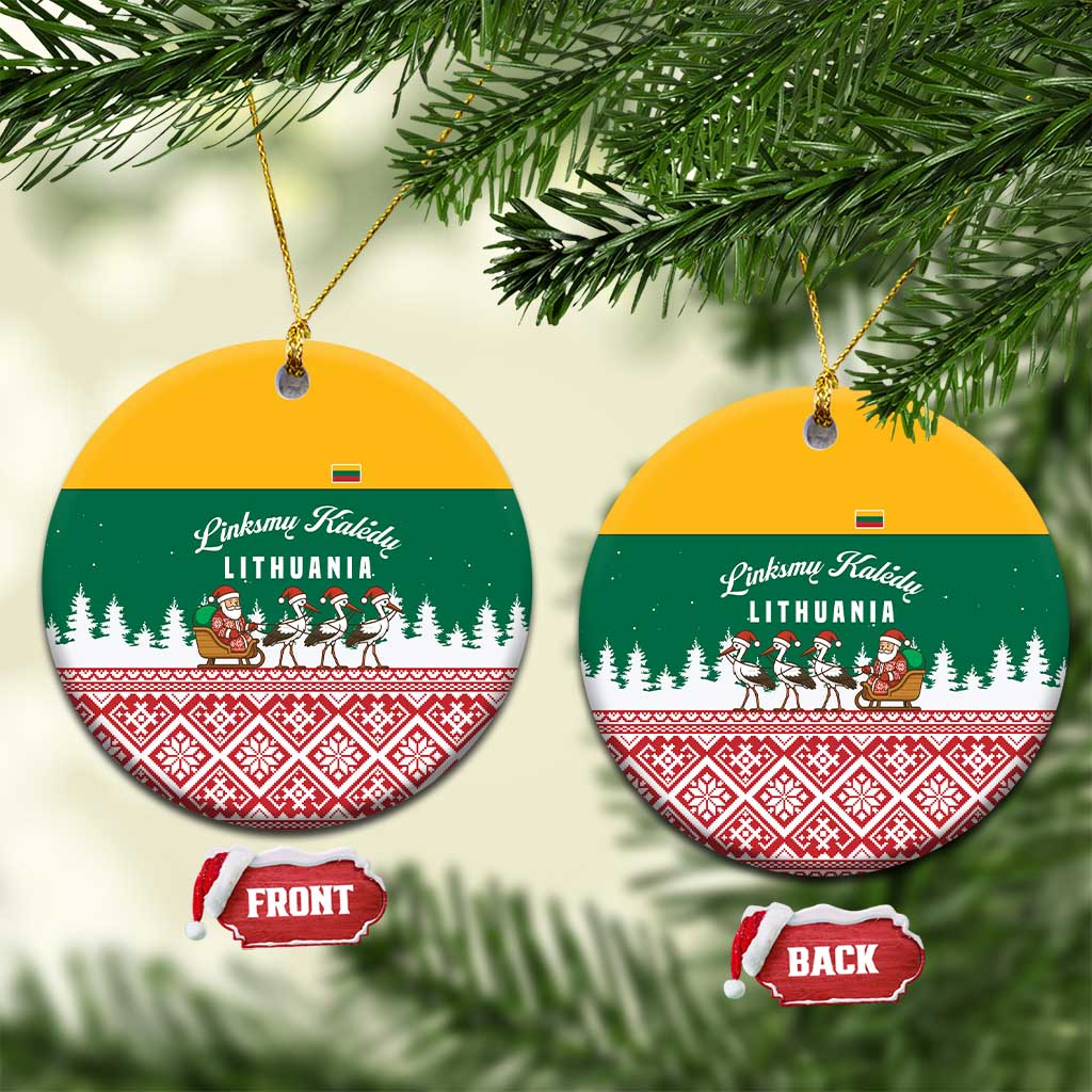 Lithuania Christmas Ceramic Ornament with Santa Sleigh Pulled by Storks and Folk Pattern Design TS04