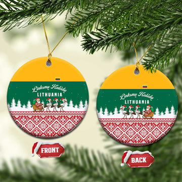 Lithuania Christmas Ceramic Ornament with Santa Sleigh Pulled by Storks and Folk Pattern Design TS04