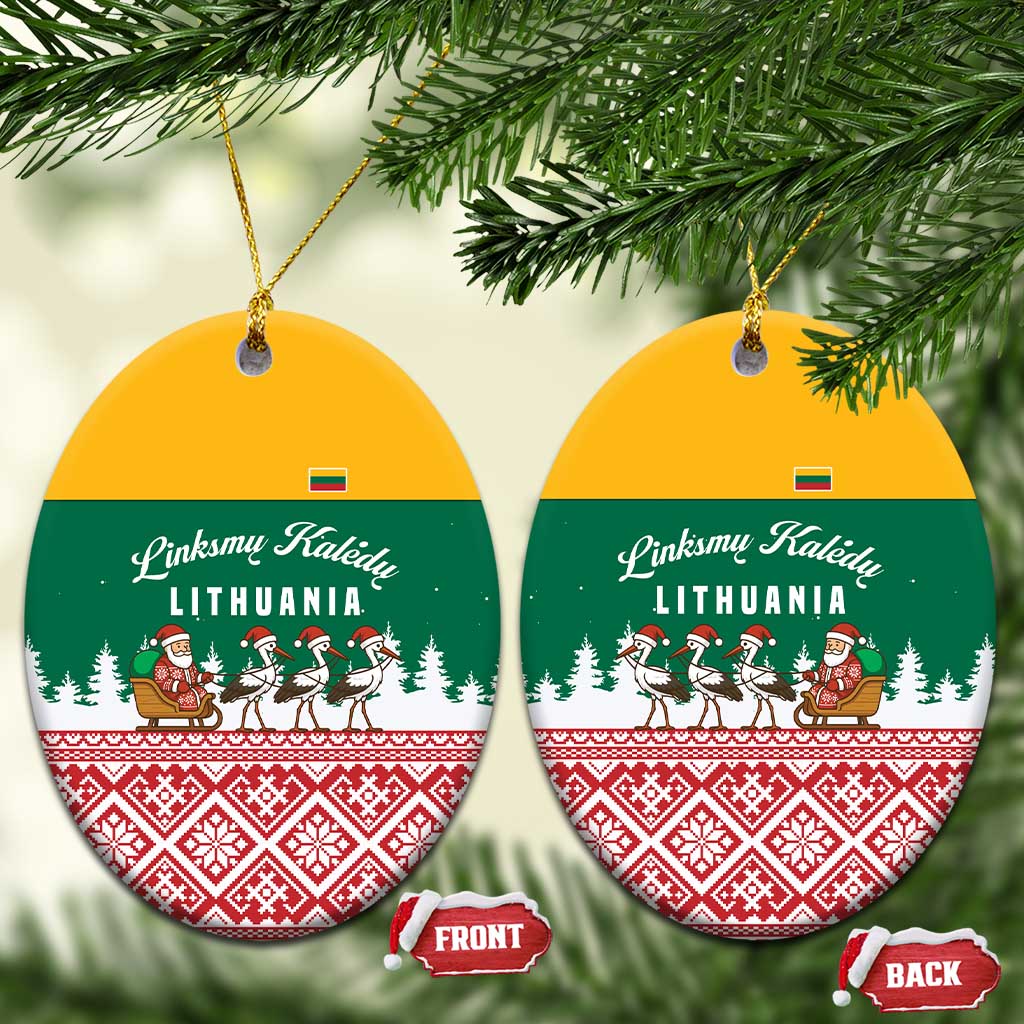 Lithuania Christmas Ceramic Ornament with Santa Sleigh Pulled by Storks and Folk Pattern Design TS04