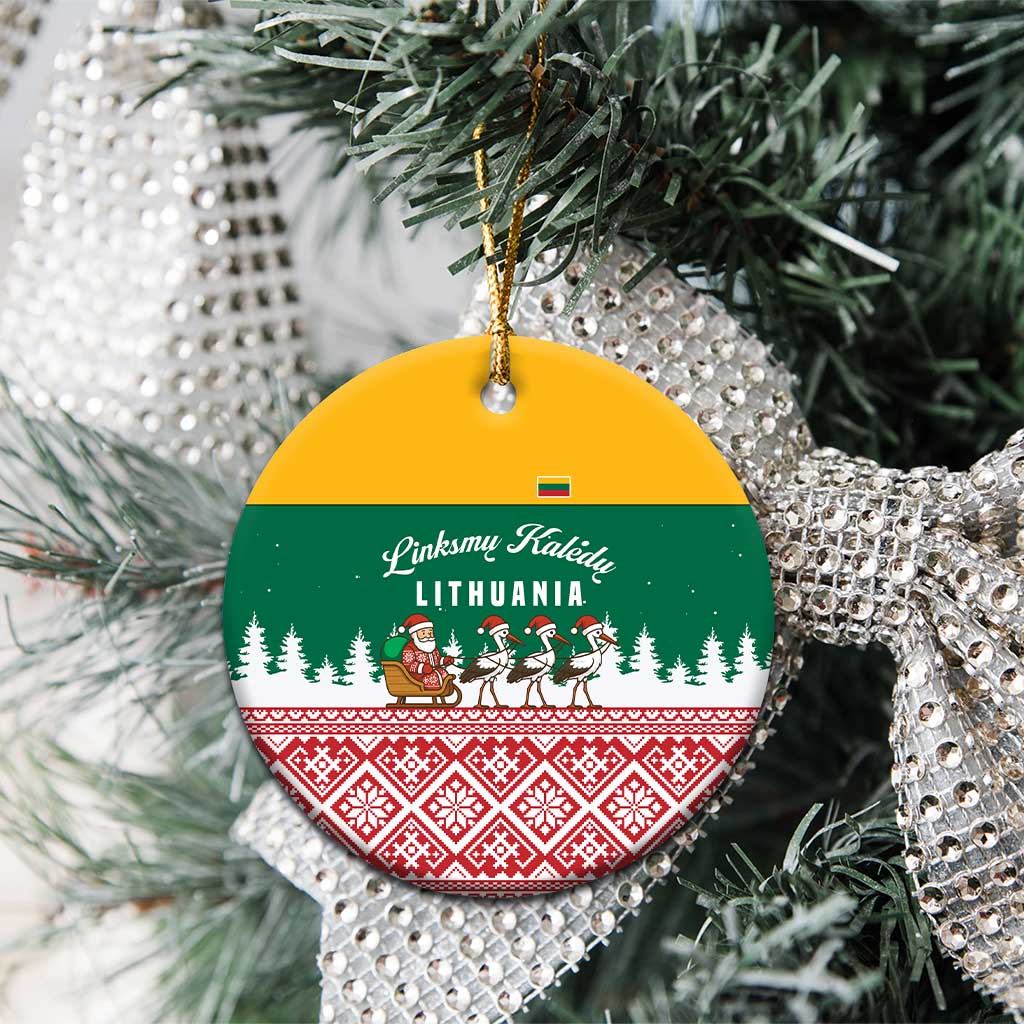 Lithuania Christmas Ceramic Ornament with Santa Sleigh Pulled by Storks and Folk Pattern Design TS04