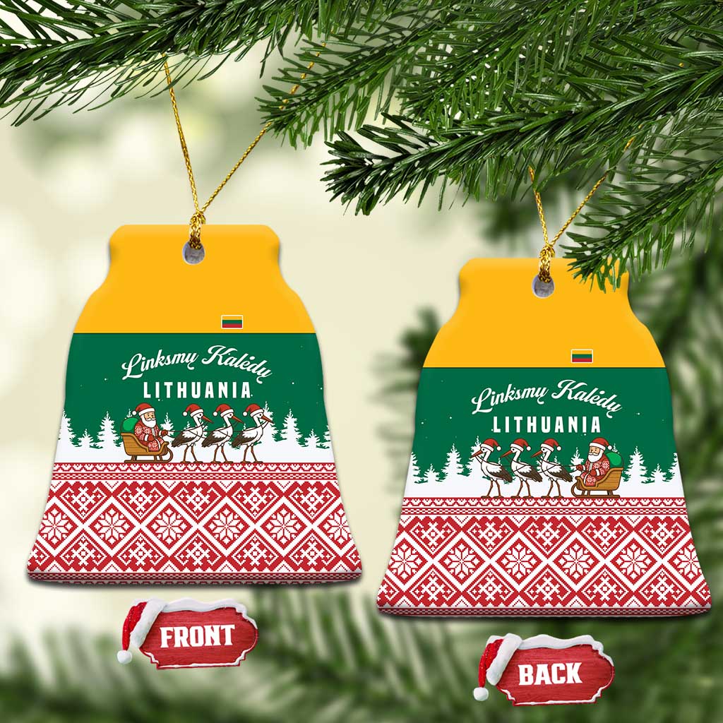 Lithuania Christmas Ceramic Ornament with Santa Sleigh Pulled by Storks and Folk Pattern Design TS04