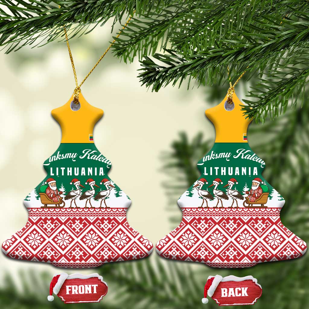 Lithuania Christmas Ceramic Ornament with Santa Sleigh Pulled by Storks and Folk Pattern Design TS04