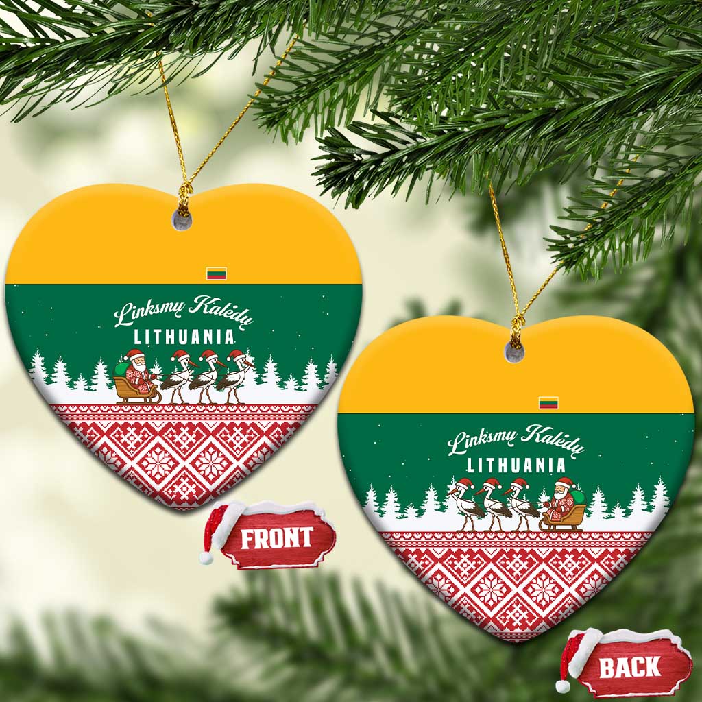 Lithuania Christmas Ceramic Ornament with Santa Sleigh Pulled by Storks and Folk Pattern Design TS04