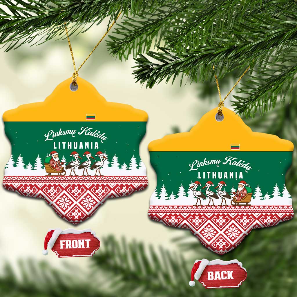 Lithuania Christmas Ceramic Ornament with Santa Sleigh Pulled by Storks and Folk Pattern Design TS04