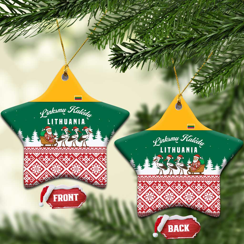 Lithuania Christmas Ceramic Ornament with Santa Sleigh Pulled by Storks and Folk Pattern Design TS04