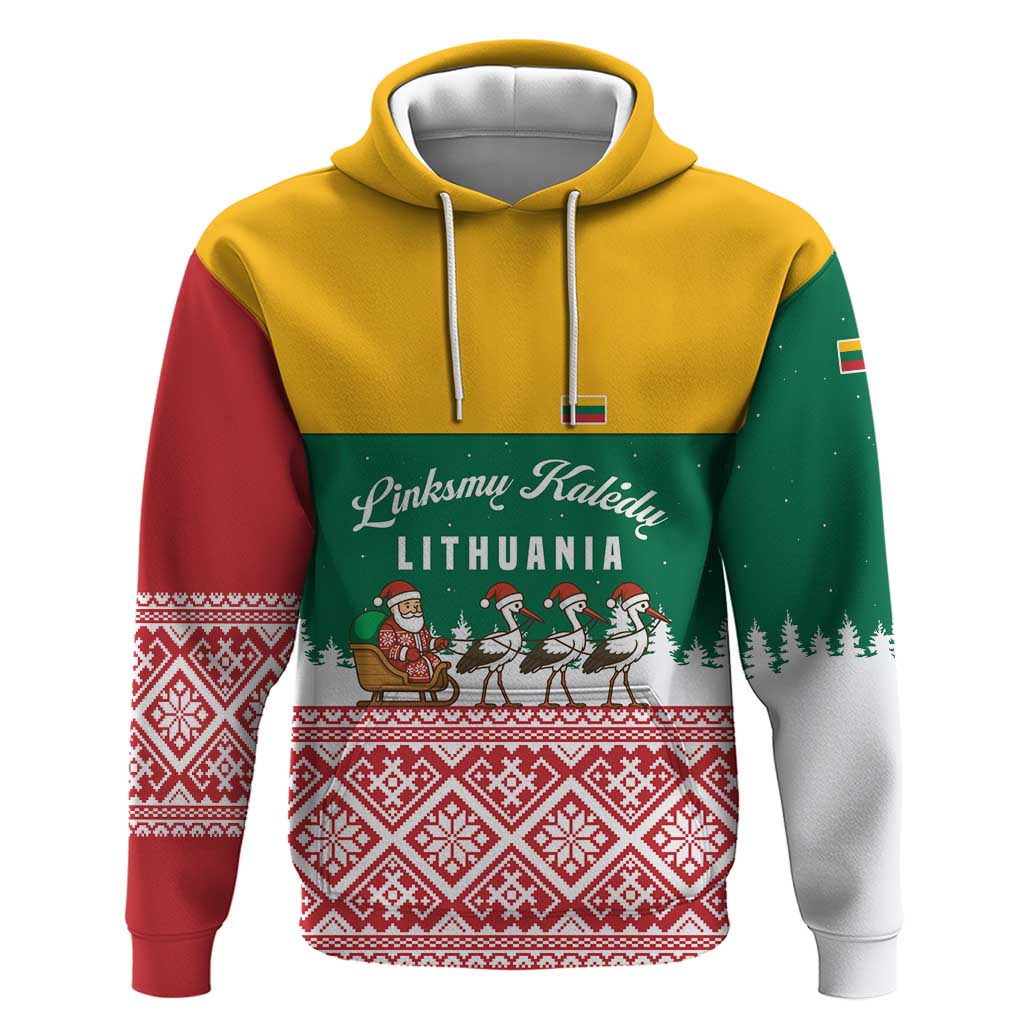 Lithuania Christmas Hoodie with Santa Sleigh Pulled by Storks and Folk Pattern Design TS04