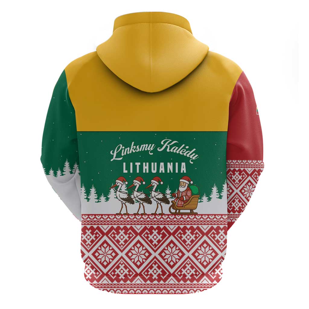 Lithuania Christmas Hoodie with Santa Sleigh Pulled by Storks and Folk Pattern Design TS04