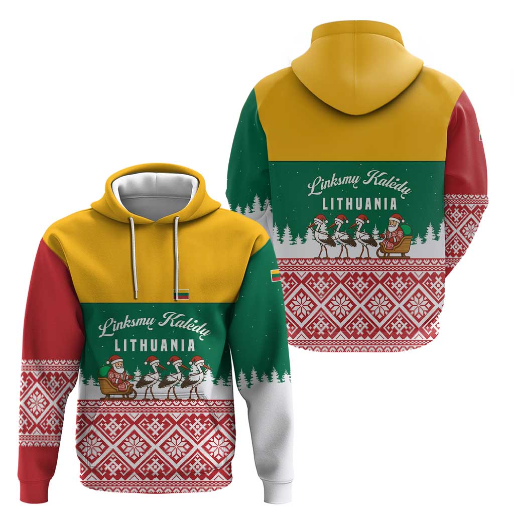 Lithuania Christmas Hoodie with Santa Sleigh Pulled by Storks and Folk Pattern Design TS04