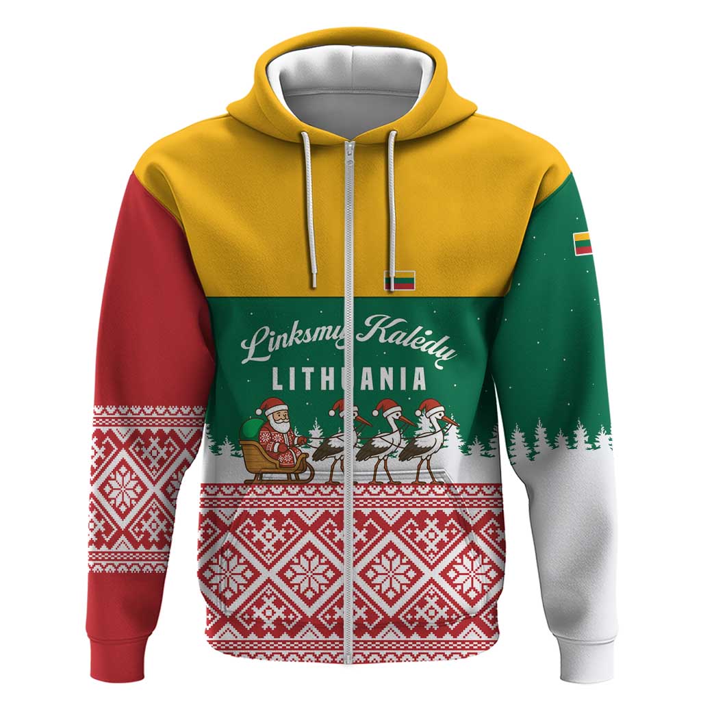 Lithuania Christmas Hoodie with Santa Sleigh Pulled by Storks and Folk Pattern Design TS04
