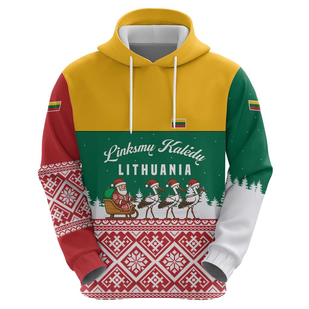 Lithuania Christmas Hoodie with Santa Sleigh Pulled by Storks and Folk Pattern Design TS04