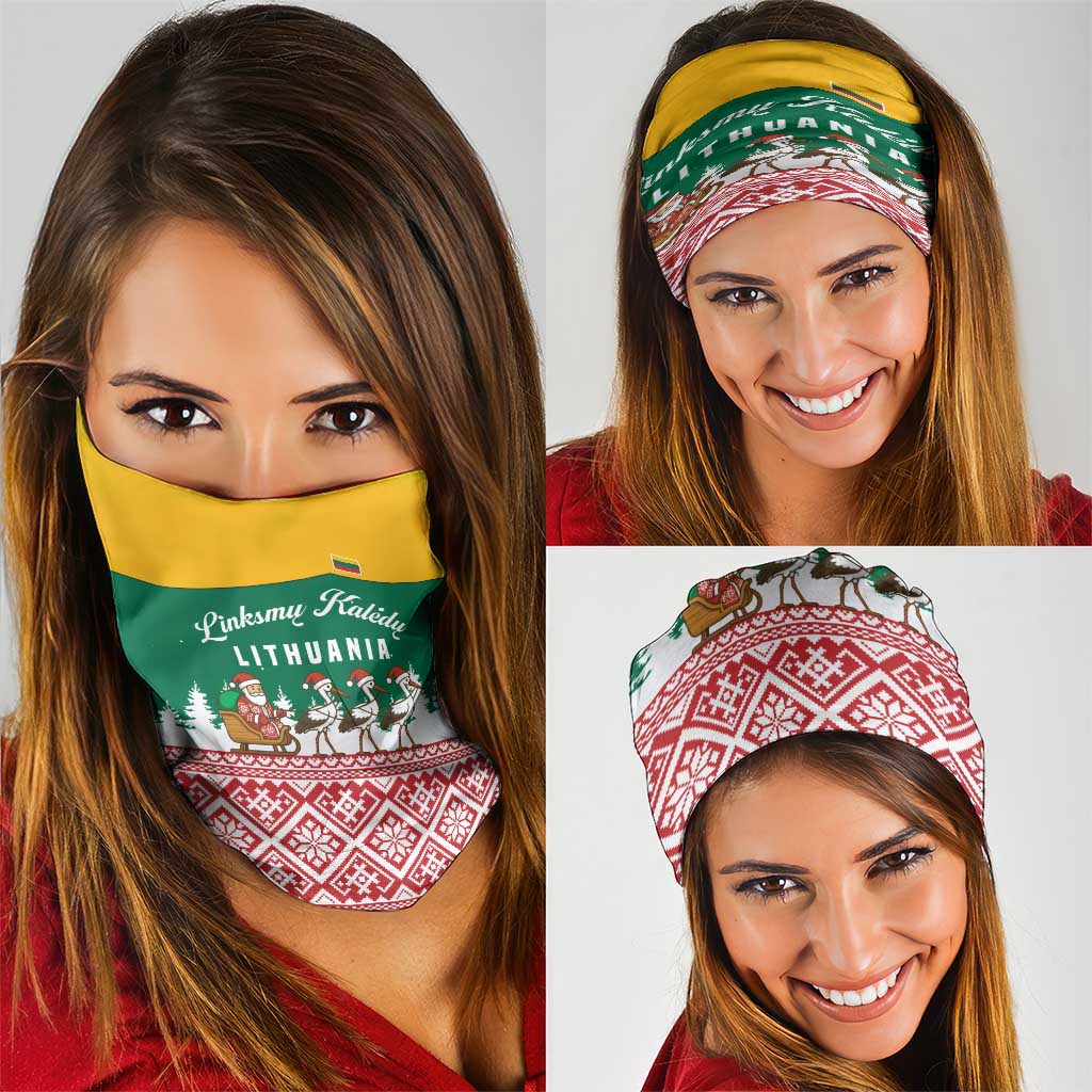 Lithuania Christmas Neck Gaiter with Santa Sleigh Pulled by Storks and Folk Pattern Design TS04
