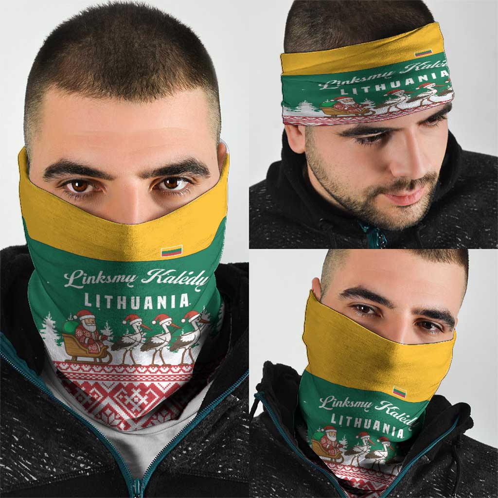 Lithuania Christmas Neck Gaiter with Santa Sleigh Pulled by Storks and Folk Pattern Design TS04