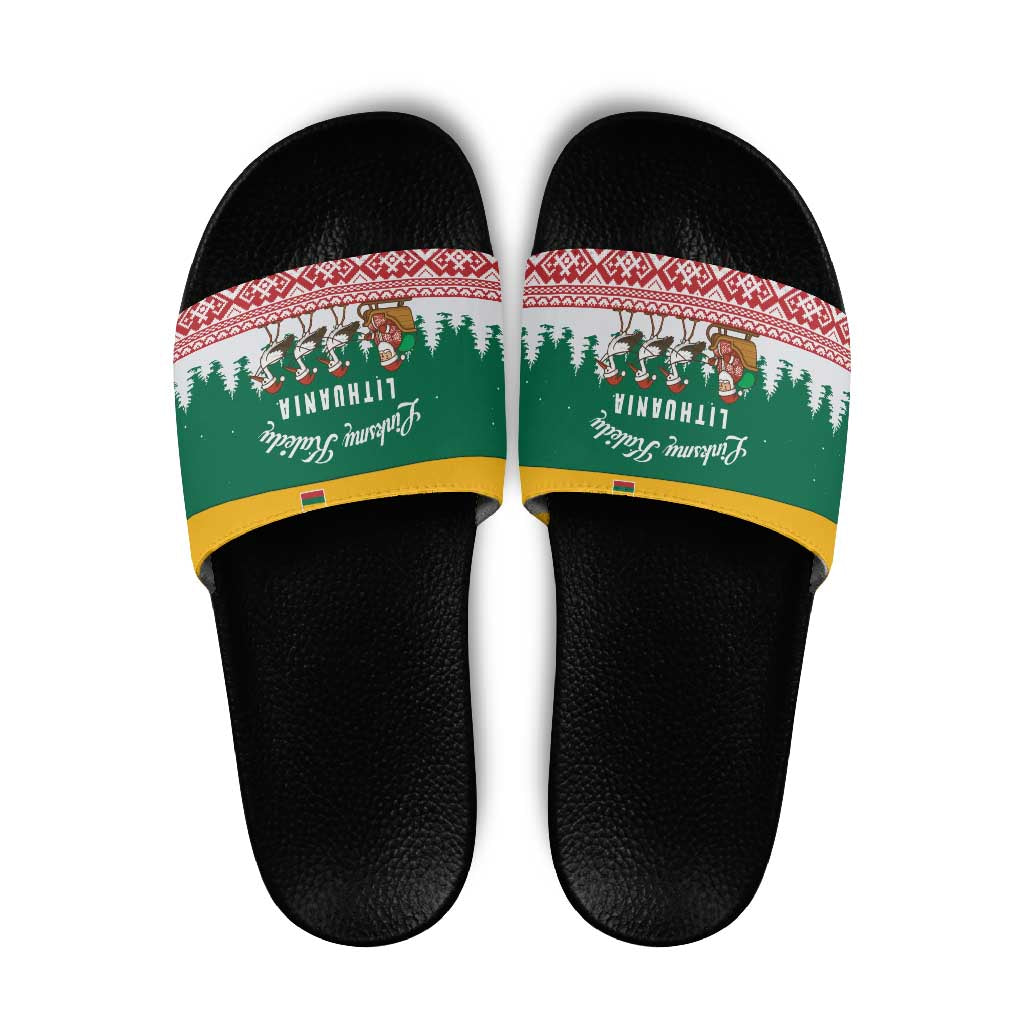 Lithuania Christmas Slide Sandals with Santa Sleigh Pulled by Storks and Folk Pattern Design TS04
