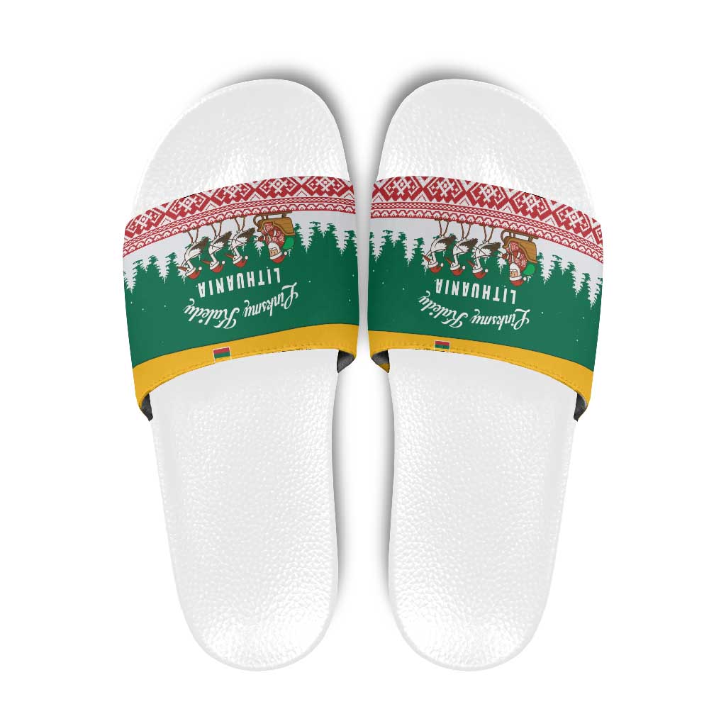 Lithuania Christmas Slide Sandals with Santa Sleigh Pulled by Storks and Folk Pattern Design TS04