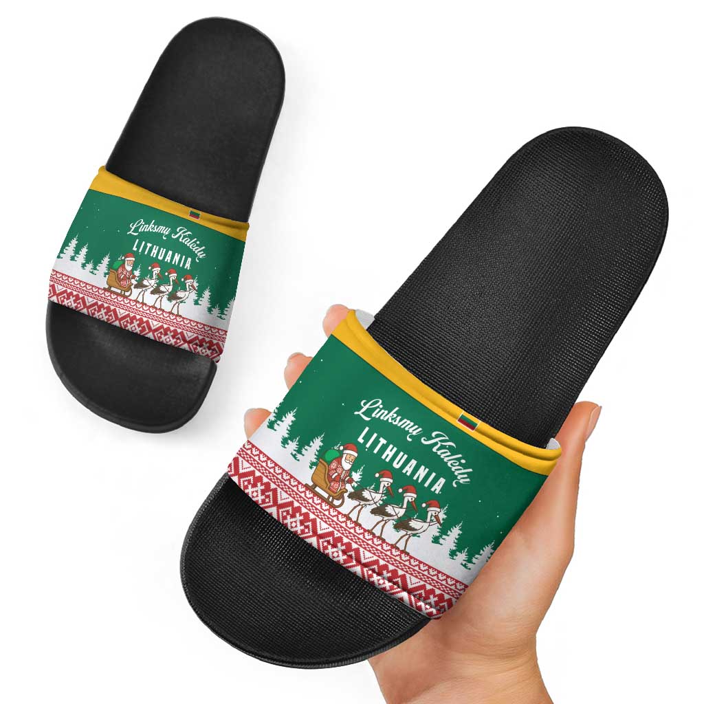 Lithuania Christmas Slide Sandals with Santa Sleigh Pulled by Storks and Folk Pattern Design TS04