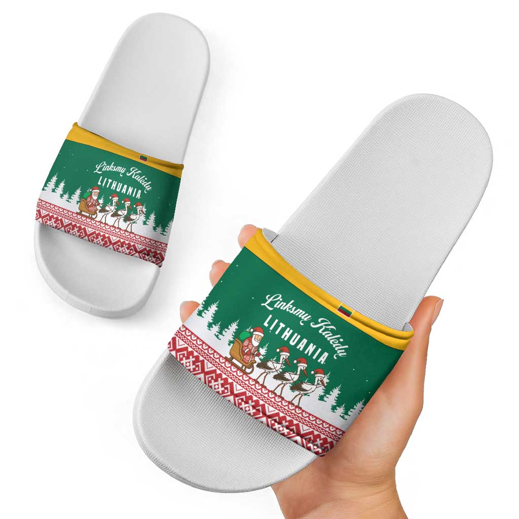 Lithuania Christmas Slide Sandals with Santa Sleigh Pulled by Storks and Folk Pattern Design TS04