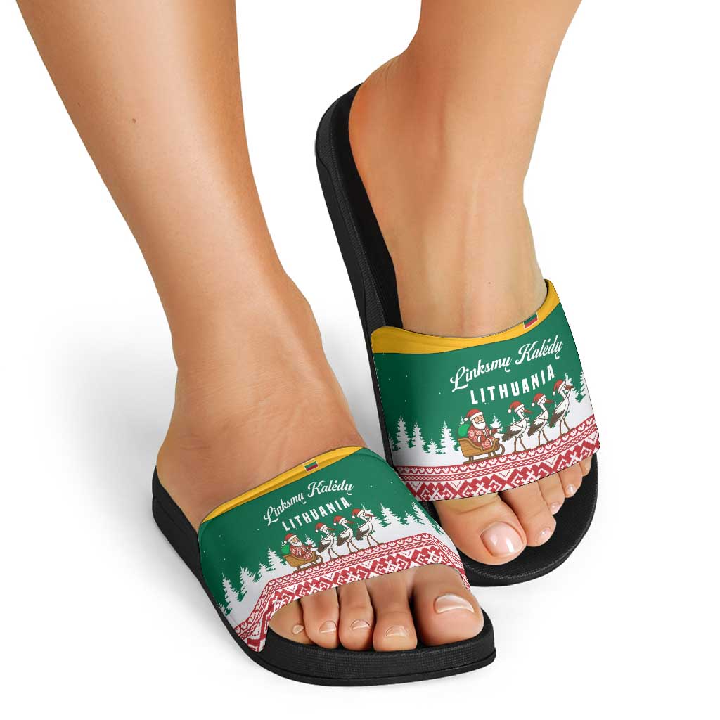 Lithuania Christmas Slide Sandals with Santa Sleigh Pulled by Storks and Folk Pattern Design TS04