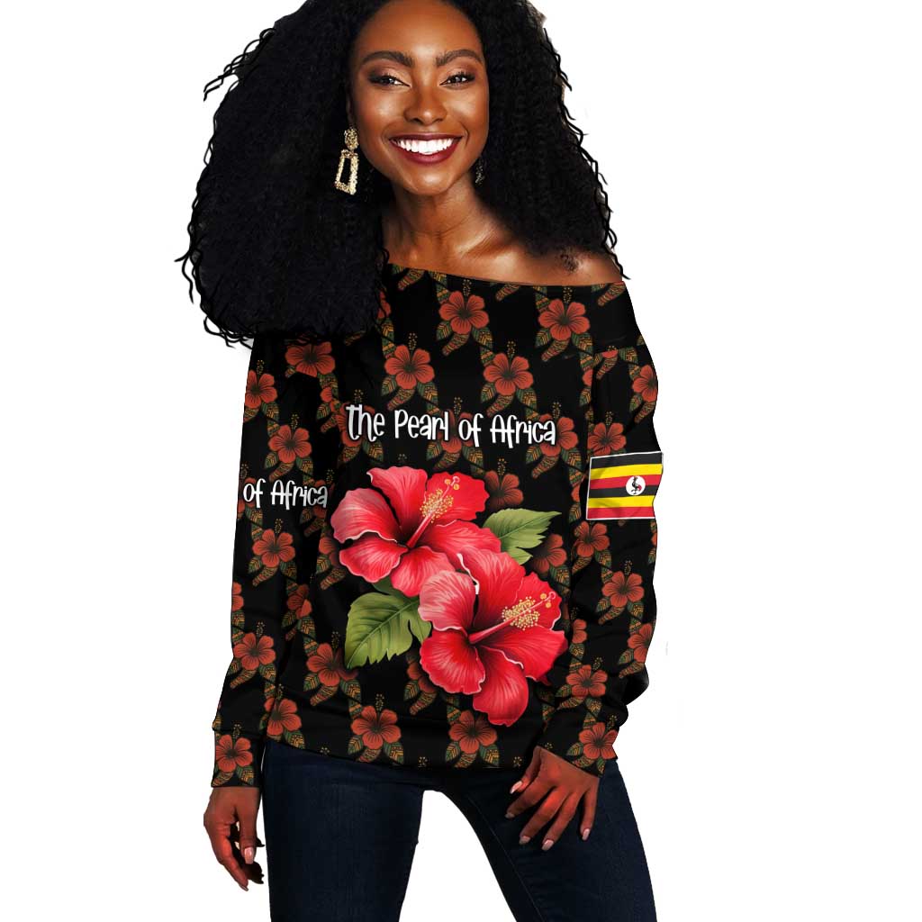 Uganda Off Shoulder Sweater - Hibiscus Flower Pattern and The Pearl of Africa Text TS04
