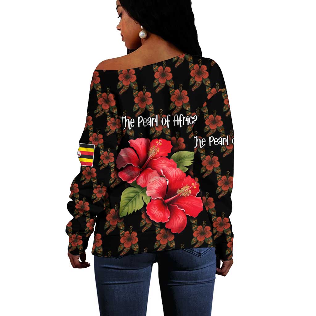 Uganda Off Shoulder Sweater - Hibiscus Flower Pattern and The Pearl of Africa Text TS04