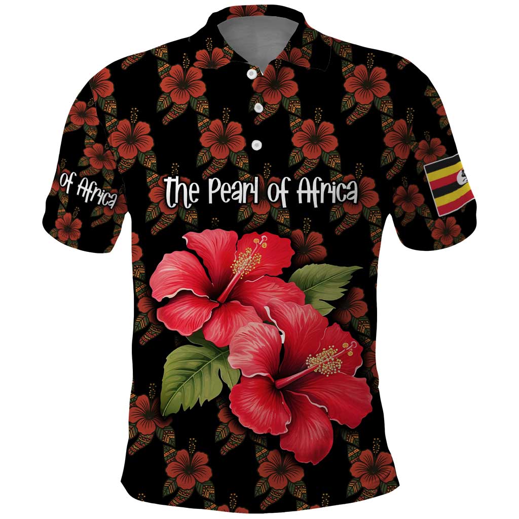 Uganda Polo Shirt with Hibiscus Flower Pattern and The Pearl of Africa Text TS04
