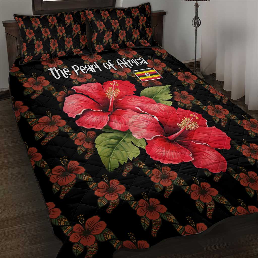 Uganda Quilt Bed Set - Hibiscus Flower Pattern and The Pearl of Africa Text TS04
